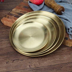 Stainless Steel Thickened Round Plate Cafe Tray Fruit Cake Plate Bone Plate Dish Shallow Plate, 26cm Brushed Matte Gold, 30cm Brushed Matte Gold