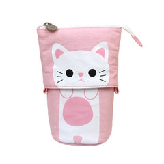Corduroy Retractable Drop-Down Pencil Case Student Stationery Storage Bag, White Cat, Black Cat, Coffee Cat, Gray Cat