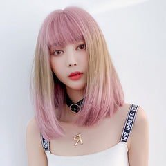 Female Gradient Highlighting Lifelike Chemical Fiber Headgear Wigs, Plum Pink and Honey Tea 39CM, White Tea Color 39CM