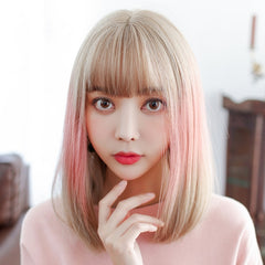 Female Gradient Highlighting Lifelike Chemical Fiber Headgear Wigs, Plum Pink and Honey Tea 39CM, White Tea Color 39CM