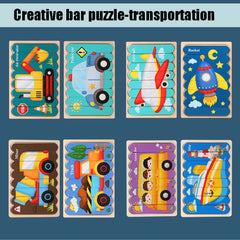 QBT01 Children Double-Sided Wooden Puzzle Bar Puzzle Toy, Excavator + Police Car, Airplane + Rocket, Mud Tanker + Truck, School Bus + Ship, Pig (Yellow) + Pig (Green), Big Gray Wolf + Pig (Pink), Little Red Riding Hood + Big Big Wolf, Crow + Bee       ...