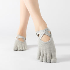 Terry Five-Finger Socks Cotton Thickened Warm and Non-Slip Yoga Socks Cross Strap Dance Socks, One Size