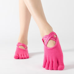 Terry Five-Finger Socks Cotton Thickened Warm and Non-Slip Yoga Socks Cross Strap Dance Socks, One Size