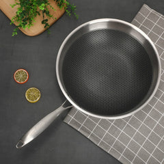 Household 304 Stainless Steel Oil-free and Uncoated Flat-bottom Wok Suitable for Induction Cooker Gas, 32cm