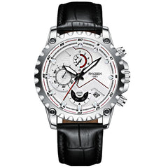 FNGEEN 5055 Men Waterproof Sports Fashion Stainless Steel Watch, Black Steel Black Surface, White Steel Black Surface, White Steel White Surface, Black Leather Black Steel Black Surface, Black Leather White Steel Black Surface                          ...