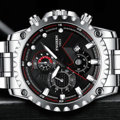 FNGEEN 5055 Men Waterproof Sports Fashion Stainless Steel Watch, Black Steel Black Surface, White Steel Black Surface, White Steel White Surface, Black Leather Black Steel Black Surface, Black Leather White Steel Black Surface                          ...