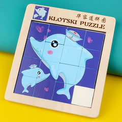 2 PCS Cartoon Animal Double-Sided Klotski Puzzle Children Wooden Toy Early Education Jigsaw Puzzle, Rabbit, Dolphin, Giraffe, Dinosaur, Elephant, Panda, Unicorn, Fox, White Bear, Zebra, Lion, Tiger