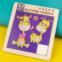 2 PCS Cartoon Animal Double-Sided Klotski Puzzle Children Wooden Toy Early Education Jigsaw Puzzle, Rabbit, Dolphin, Giraffe, Dinosaur, Elephant, Panda, Unicorn, Fox, White Bear, Zebra, Lion, Tiger