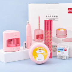 Deli Student Electric Stationery Set Desktop Cleaner/Electric Eraser/Electric Pencil Sharpener, Blue, Pink