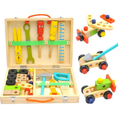 Wooden Simulation DIY Children Cartoon Toolbox Toys Play House Early Education Toys, Cartoon Toolbox Toys