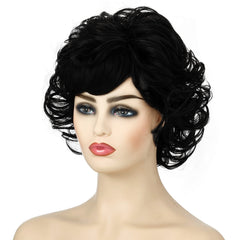 Ladies Fluffy Short Curved Head Set Chemical Fiber Wig, Black, Brown, Silver Gray