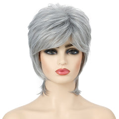 Short Hair Female Wigs Fluffy Fiber Set, Silver White