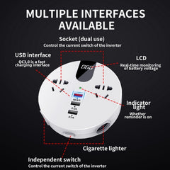 QC3.0 Car 12V 24V To 110V 220V Multi-function Inverter, White Round, Black Round