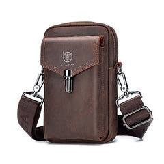 BULL CAPTAIN 076 Retro Leather Mobile Phone Waist Bag Men Leather Messenger Bag, Black, Brown