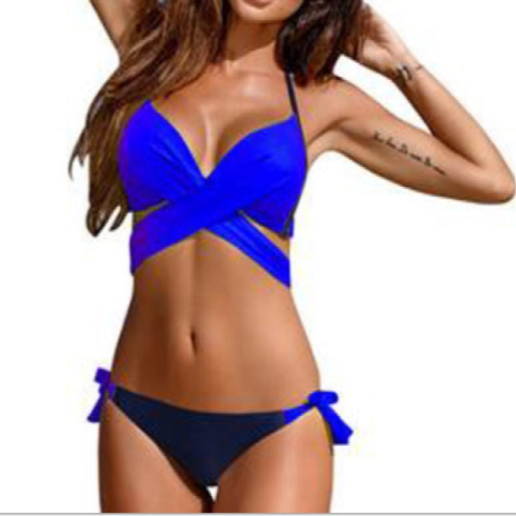 Ladies Cross Patchwork Swimwear Backless Split Bikini, L