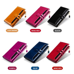 Leather Lady Wallet Multi-Card Slot Retro Oil Wax Leather Wallet Long Type RFID Anti-Theft Brush Clutch, Brown, Royal Blue, Rose Red, Purple, Black, Wine Red