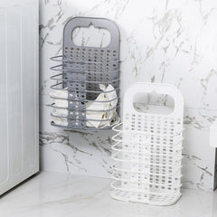 Household Bathroom Wall-Mounted Perforation-Free Folding Dirty Clothes Basket Toy Storage Basket, White, Grey