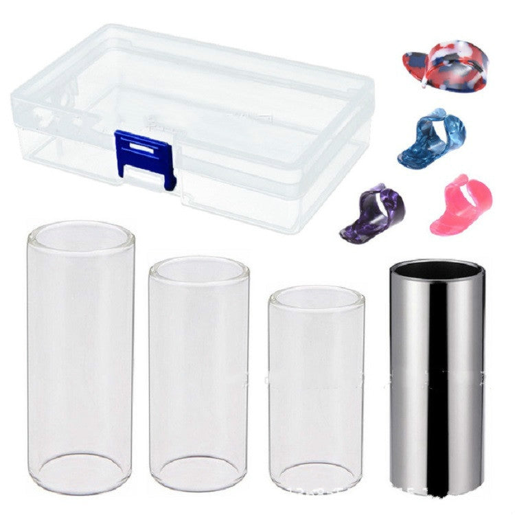 M02219 4 in 1 Plexiglass Slid Bar + Stainless Steel Slid Bar + Celluloid Guitar Finger Pick + Plastic Box Set, Plexiglass Slid Bar
