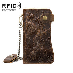 B161 RFID Retro Anti-Degaussing Iron Chain Leather Wallet, Dark Brown, Yellow Brown Embossed Dragon, Brown Embossed Tiger