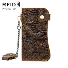B161 RFID Retro Anti-Degaussing Iron Chain Leather Wallet, Dark Brown, Yellow Brown Embossed Dragon, Brown Embossed Tiger