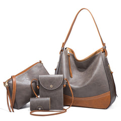 21506 4 in 1 Simple Color-Block Diagonal Handbags Fashion Large Capacity Soft Leather Bags, Navy Blue, Black, Dark Grey, Pink, Brown