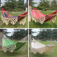 200x150cm Double Outdoor Camping Tassel Canvas Hammock with Stick, Colorful Stripes, Pink Stripes, White