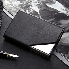 Men Leather Stainless Steel Business Card Clamp, Black, Brown, Grey, Apricot