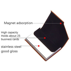 Men Leather Stainless Steel Business Card Clamp, Black, Brown, Grey, Apricot