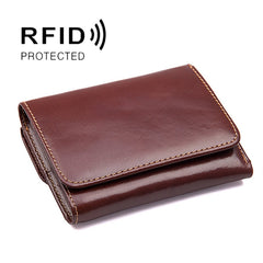 Men Casual Retro RFID Blocking Anti-Scanning Cowhide Leather Short Wallet, Coffee, Chocolate Color, Maroon
