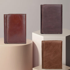 Men Casual Retro RFID Blocking Anti-Scanning Cowhide Leather Short Wallet, Coffee, Chocolate Color, Maroon