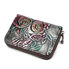 Zip Multi-card Hand-painted Organ Leather Card Holder, Red, Green, Silver