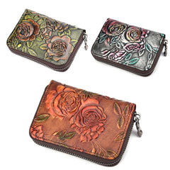 Zip Multi-card Hand-painted Organ Leather Card Holder, Red, Green, Silver