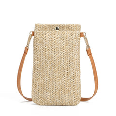 Summer Beach Bag Ladies One Shoulder Mobile Phone Bag Straw Coin Purse, Beige, Cream, Beige Magnetic Buckle, Cream Magnetic Buckle