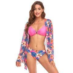 Bikini + Mesh Shawl + Split Swimsuit Women Swimsuit With Chest Pad, S, M, L