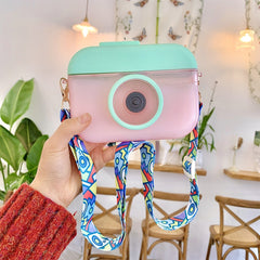 Camera Plastic Cup Children Straw Juice Cup Travel Leisure Water Cup, Pink, Blue, Purple, Yellow