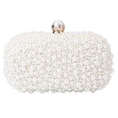 Pearl Evening Bag Soft Face Lock Ladies Shoulder Bag Crossbody Small Square Bag, White, Beige