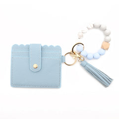 PU Tassel Silicone Bead Bracelet Wallet With Keychain, Sunflower, Yellow Leopard Print, Gray Blue, Black, 5 Mint Green, Light Purple, Pink, Khaki, 9 Mint Green, Cherry Blossom Pink, Marble