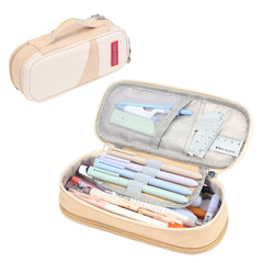 Deer Forest BL-A003 Macaron Large-capacity Double-layer Canvas Pencil Case Stationery Box, Navy Blue, Fruit Green, Khaki, Orange Yellow, Cyan Purple, Cyan Blue, Cherry Pink