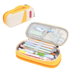 Deer Forest BL-A003 Macaron Large-capacity Double-layer Canvas Pencil Case Stationery Box, Navy Blue, Fruit Green, Khaki, Orange Yellow, Cyan Purple, Cyan Blue, Cherry Pink