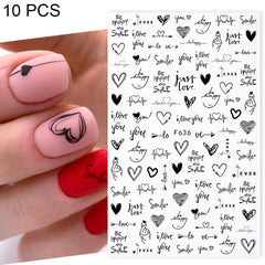 10 PCS Cartoon Heart Letters Comic Character Nail Art Sticker 3D Adhesive Nail Stickers, F106, F636, F637, F638, F639, F640