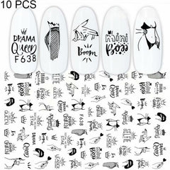 10 PCS Cartoon Heart Letters Comic Character Nail Art Sticker 3D Adhesive Nail Stickers, F106, F636, F637, F638, F639, F640
