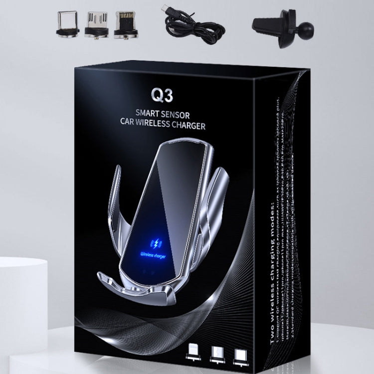 Q3 Infrared Induction Magnetic Car Wireless Charging Phone Bracket with Micro USB + 8 Pin + Type-C / USB-C Magnetic Connector, Q3 Red, Q3 Black, Q3 Gold, Q3 Silver, Q3 Blue