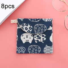 8pcs Cotton and Linen Sanitary Napkin Storage Bag Handy Clutch Bag, Block, Waves, Owl, Black Tree, Black -bottomed White Tree, Gray Camel, Lucky Cat, Leaves, Blue Cat, Turtle, Elephant