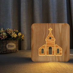 FS-T2242W  3D Solid Wood Carving Decorative Desk Lamp USB Night Light, Chapel