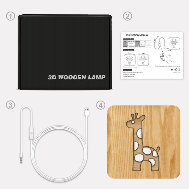 FS-T2330W  3D Wooden Carving Giraffe Table Lamp USB Night Light Crafts, Giraffe