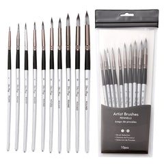 10 In 1 Nylon Hair Watercolor Paint Brush Set Wooden Handle Round Pointed Acrylic Painting Pens, 10 In 1