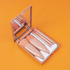 5pcs/Set Medium Portable Makeup Brush Set With Mirror Mini Multifunctional Makeup Brush, Brown, Rose Red, Pink, Fluorescent Green