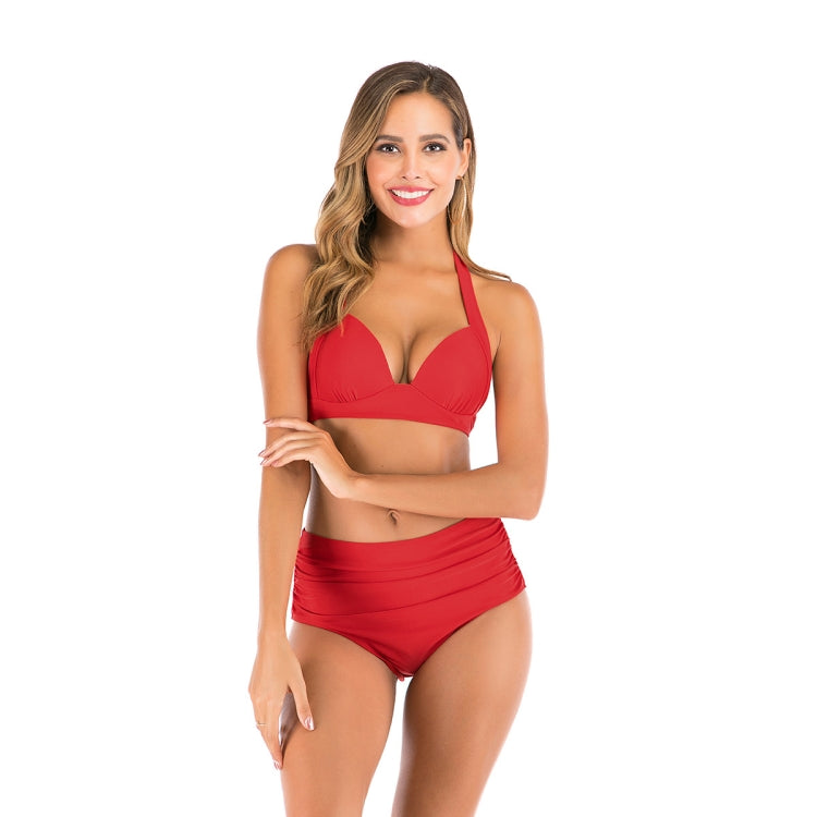 Lace-Up Halter Backless High-Waisted Swimsuit Split Printed Bikini Swimsuit, S