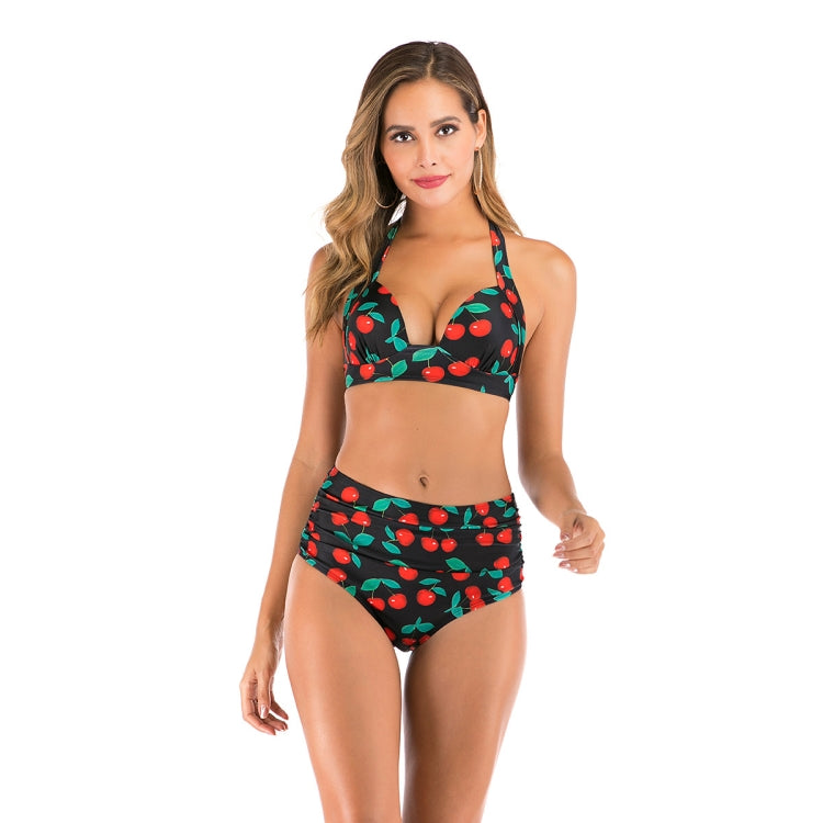 Lace-Up Halter Backless High-Waisted Swimsuit Split Printed Bikini Swimsuit, S