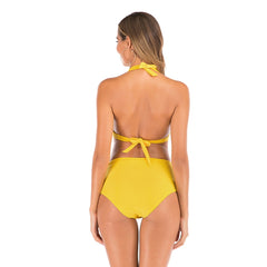 Lace-Up Halter Backless High-Waisted Swimsuit Split Printed Bikini Swimsuit, XL